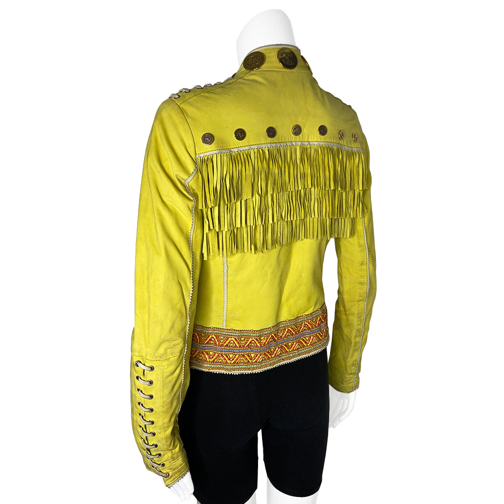 Just Cavalli Yellow Leather Fringe Jacket - S/M