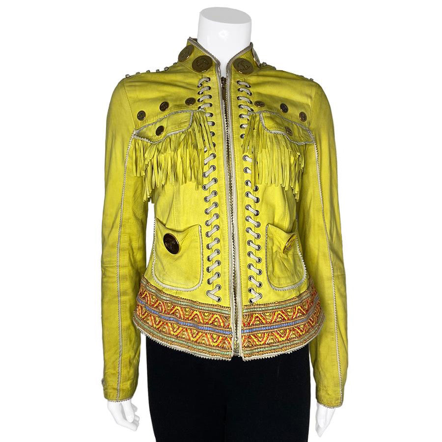 Just Cavalli Yellow Leather Fringe Jacket - S/M