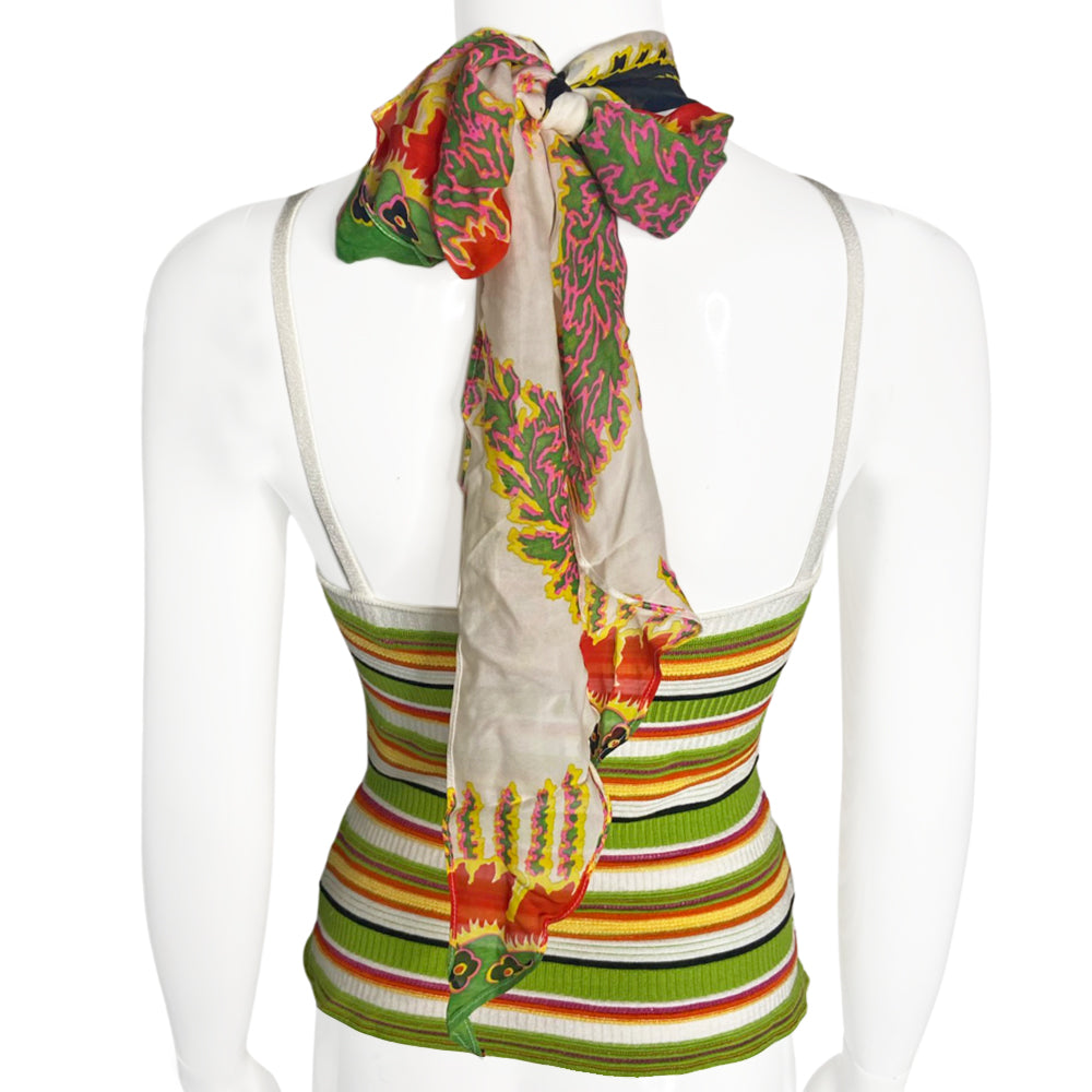Roberto Cavalli green, red, yellow, orange, black rib knit striped halter with straps that criss cross in front and red, green, pink, black, white print scarf attached to gold-tone metal horseshoe ring that ties at back of neck. Made in Italy