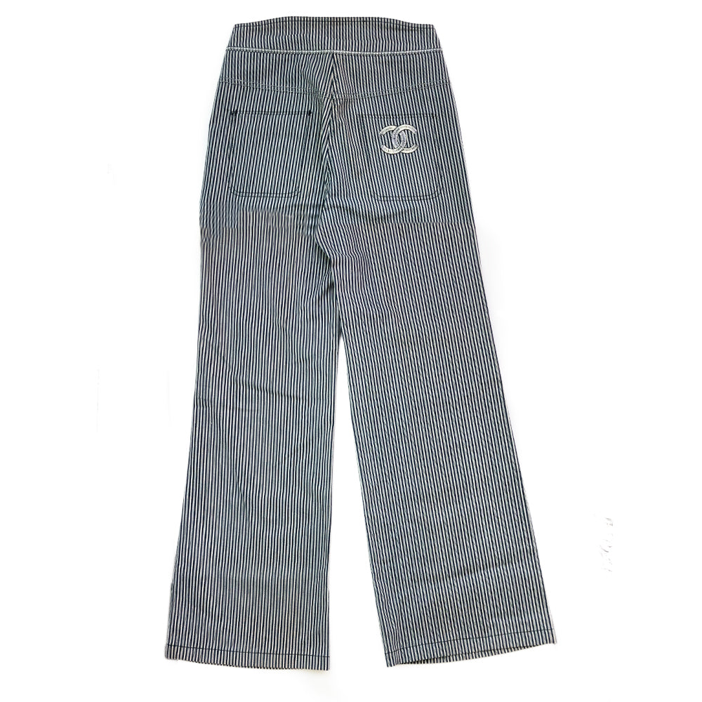 Chanel high waisted navy and silver pinstripe wide leg trousers, silver embroidered CC logo on back pocket