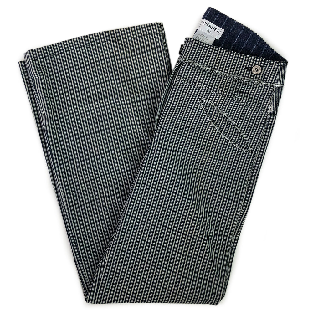 Chanel high waisted navy and silver pinstripe wide leg trousers, silver embroidered CC logo on back pocket