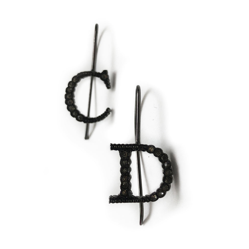 ChristianChristian Dior CD crystal letter drop Earrings with Hanging single hook that slips through ear and gunmetal-tone crystals set into the CD Letters Color: Gunmetal Drop earring design Length (cm) 3cm Width (cm) 1.5cm