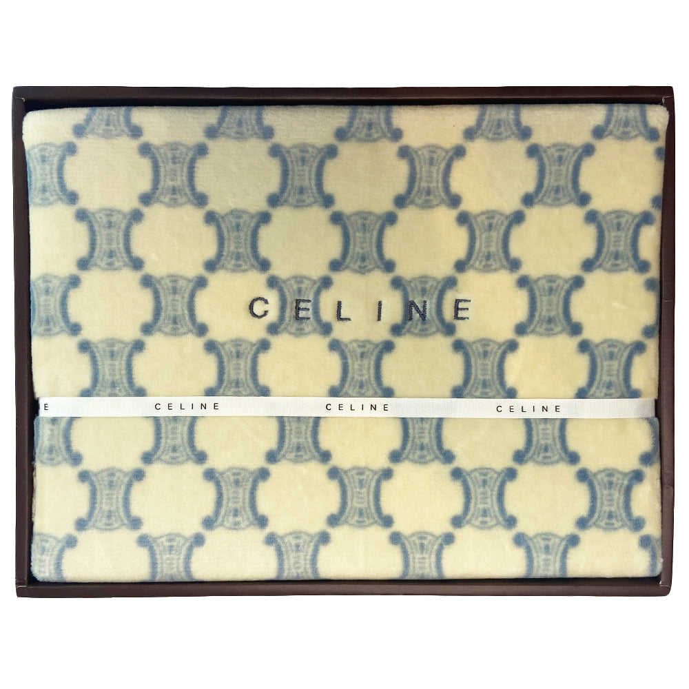 Celine Macadam soft cotton blue and cream all over Macadam logo blanket, brand new in the box. Made in Japan. 78” x 55”