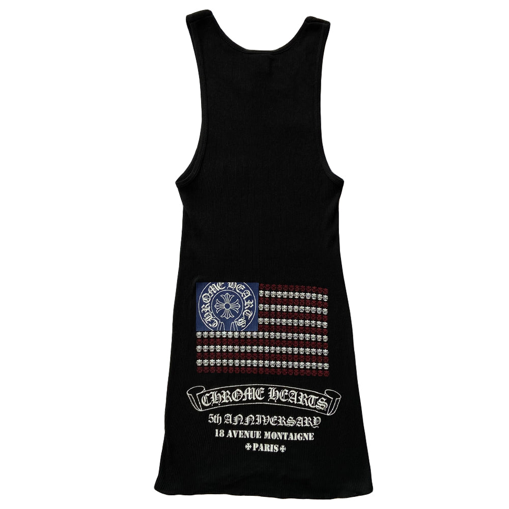 Chrome Hearts rare limited edition USA flag tank 5th anniversary of the CH Paris boutique. Rib knit with Chrome Hearts scroll, 5th Anniversary 18 Avenue Montagne, Paris in front and back, Chrome Hearts emblem and tiny daggers American flag and crosses accent. Made in USA