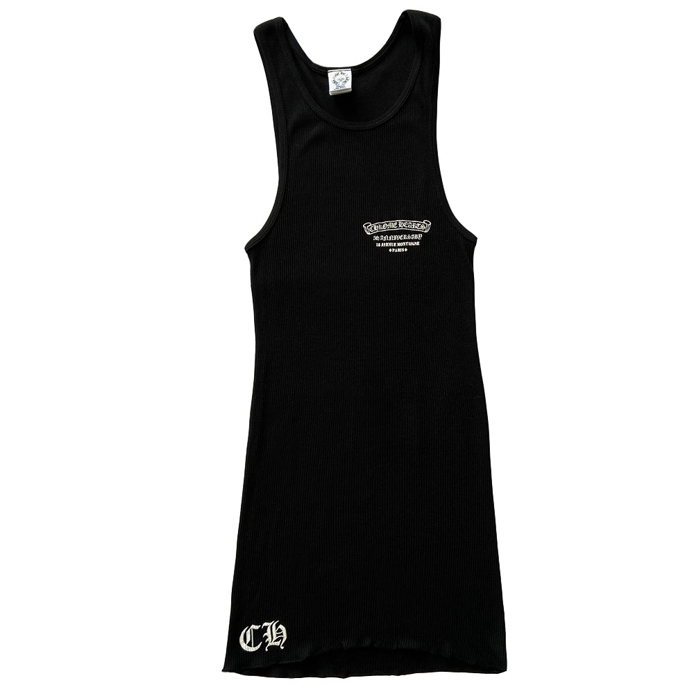 Chrome Hearts rare limited edition USA flag tank 5th anniversary of the CH Paris boutique. Rib knit with Chrome Hearts scroll, 5th Anniversary 18 Avenue Montagne, Paris in front and back, Chrome Hearts emblem and tiny daggers American flag and crosses accent. Made in USA