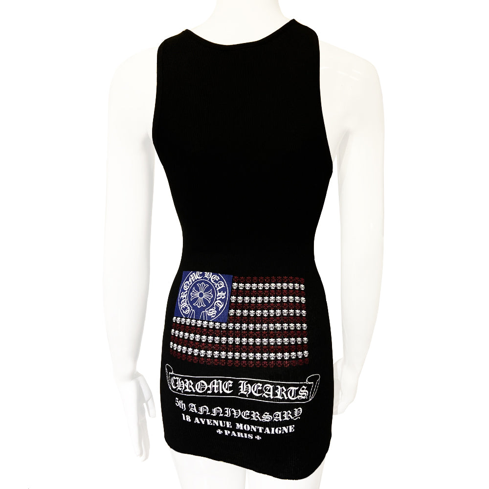 Chrome Hearts rare limited edition USA flag tank 5th anniversary of the CH Paris boutique. Rib knit with Chrome Hearts scroll, 5th Anniversary 18 Avenue Montagne, Paris in front and back, Chrome Hearts emblem and tiny daggers American flag and crosses accent. Made in USA