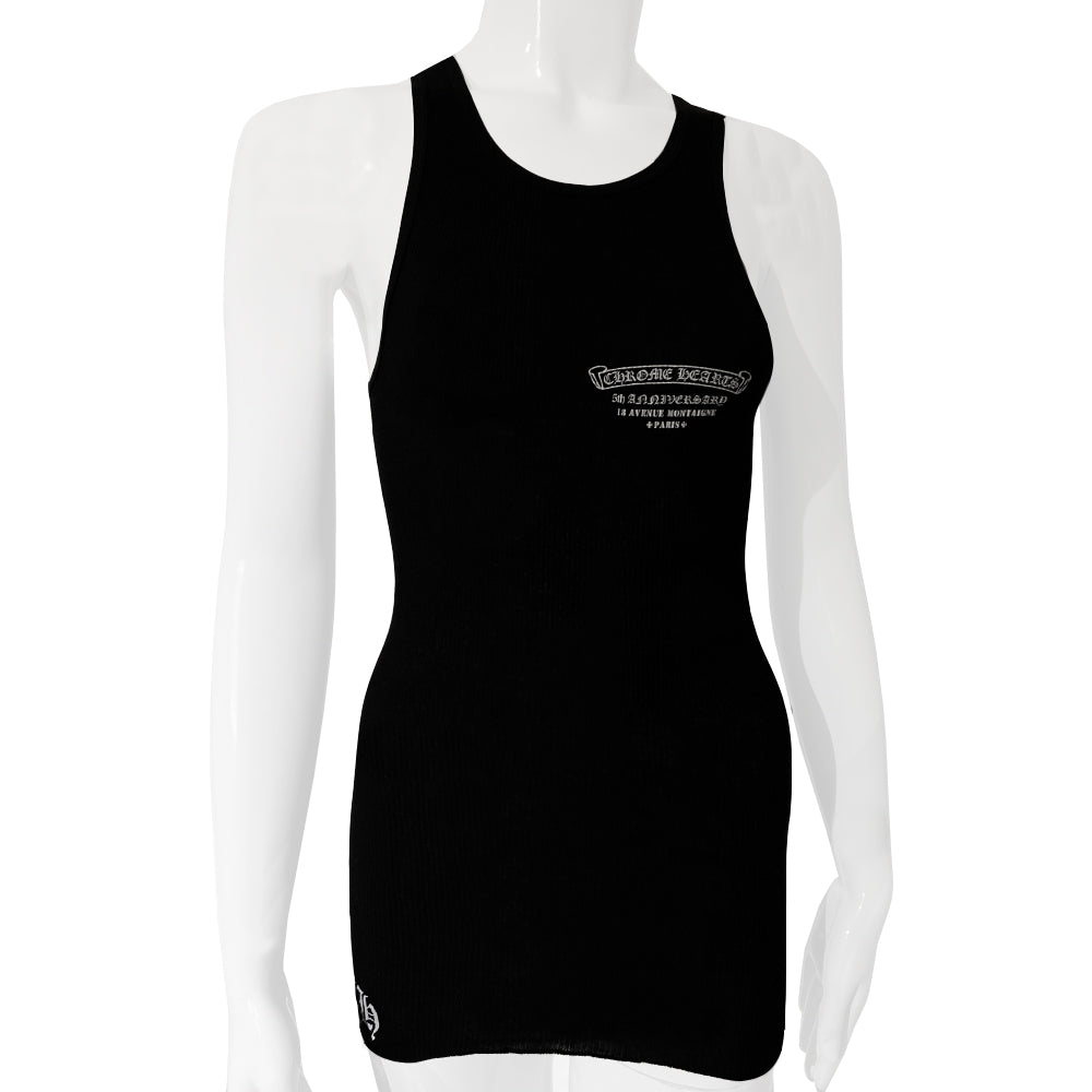 Chrome Hearts rare limited edition USA flag tank 5th anniversary of the CH Paris boutique. Rib knit with Chrome Hearts scroll, 5th Anniversary 18 Avenue Montagne, Paris in front and back, Chrome Hearts emblem and tiny daggers American flag and crosses accent. Made in USA