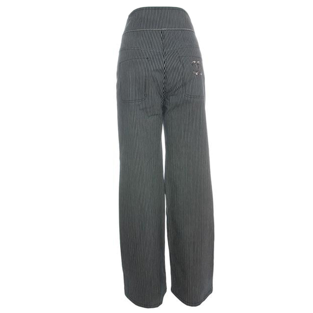 Chanel high waisted navy and silver pinstripe wide leg trousers, silver embroidered CC logo on back pocket