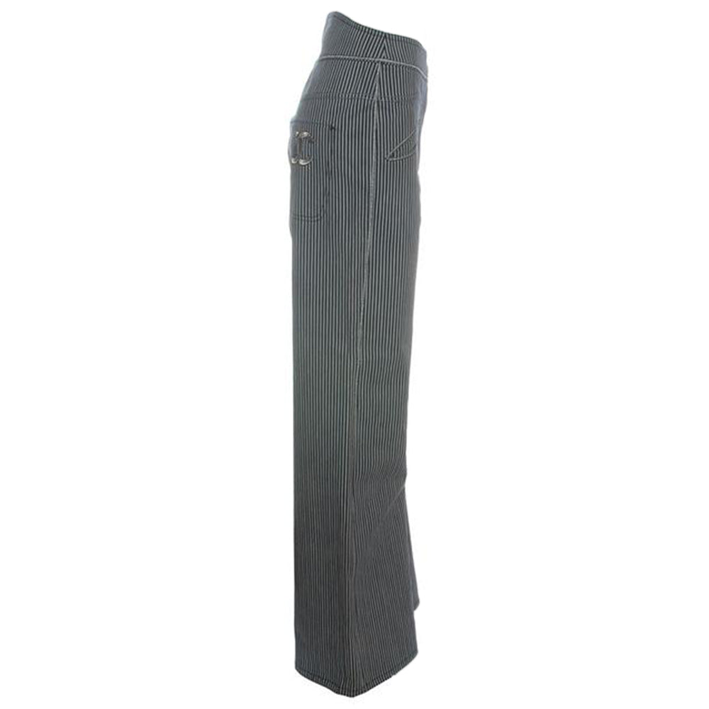 Chanel high waisted navy and silver pinstripe wide leg trousers, silver embroidered CC logo on back pocket