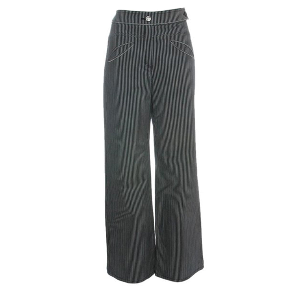 Chanel high waisted navy and silver pinstripe wide leg trousers, silver embroidered CC logo on back pocket