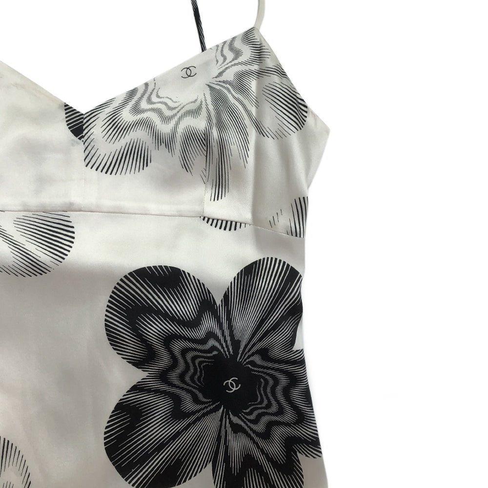 Chanel cream with printed black camellia flowers and interlocking CC design silk slip dress.