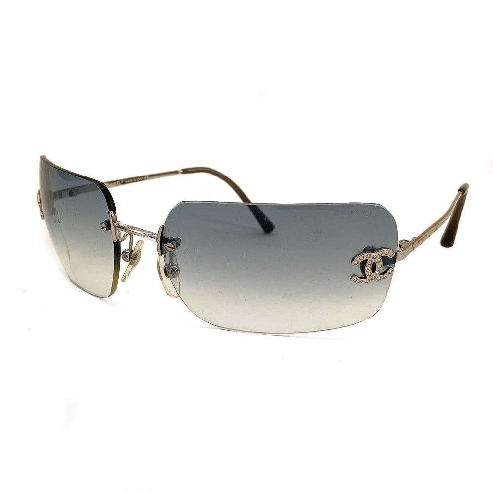 Chanel Rimless Gradient Blue Lens Crystal CC Logo Sunglasses