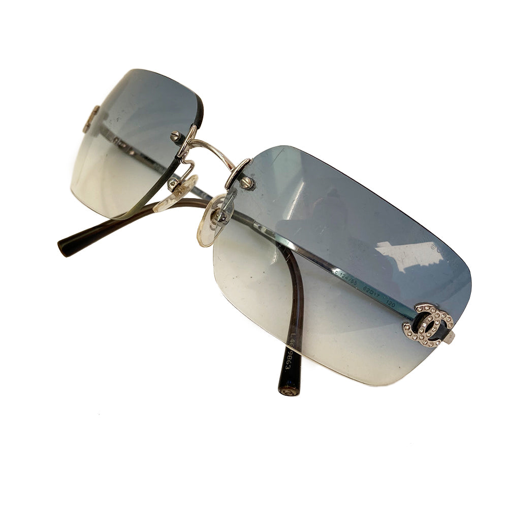 Chanel Rimless Gradient Blue Lens Crystal CC Logo Sunglasses