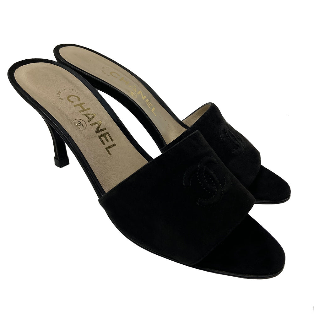 Chanel black black suede open toe heels with stitched CC interlocking logo and suede heels. Leather insole and bottom sole with new heel taps.Size: 36. Made in Italy. Heel height 3"