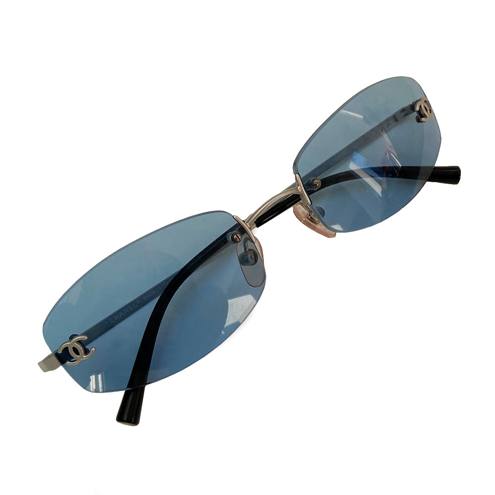 Chanel Blue Lens Silver Logo Frameless Sunglasses