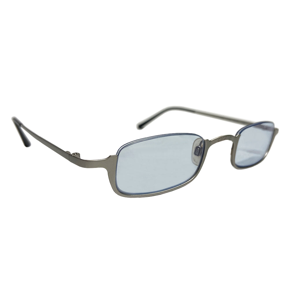 Chanel rimless lens CC logo sunglasses with brushed silver-tone lower half frame, arms with Chanel engraved at top of bridge and pale ice blue tinted rectangular lenses Style: 2009 c.103 Made in Italy