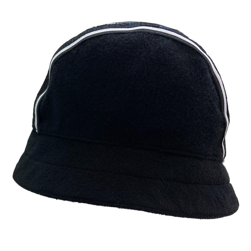 Chanel Logo Bucket Hat From 2002 sport collection Terry cloth side panels with jersey center panel rounded bucket hat embellished with 2 black and white edged mesh bands dividing the panels Chanel and boxed CC logos printed in velvet on mesh bands Color: black with white Size: M Fabric: Terry cloth, jersey, cotton interior Made in France Interior circumference (in) 22" Brim (in) 2.5"