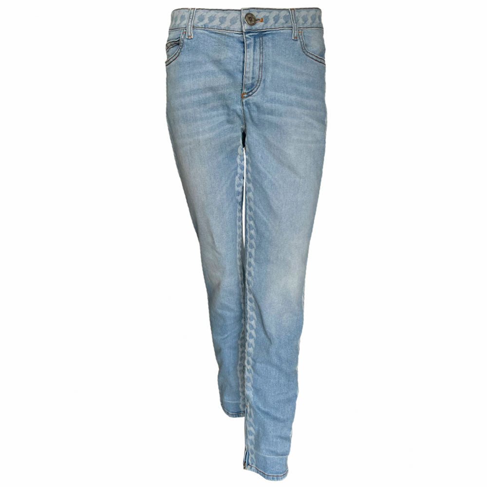 Chanel 2019 mid rise skinny faded wash 5 pocket stretch denim pants with faded white chain link design at waistband and down outer legs, CC engraved logo silver-tone rivets and top button, 5 " CC logo ankle zippers. Belt loops at waistband, calfskin leather diamond stitched CC logo patch at waistband. Made in Italy