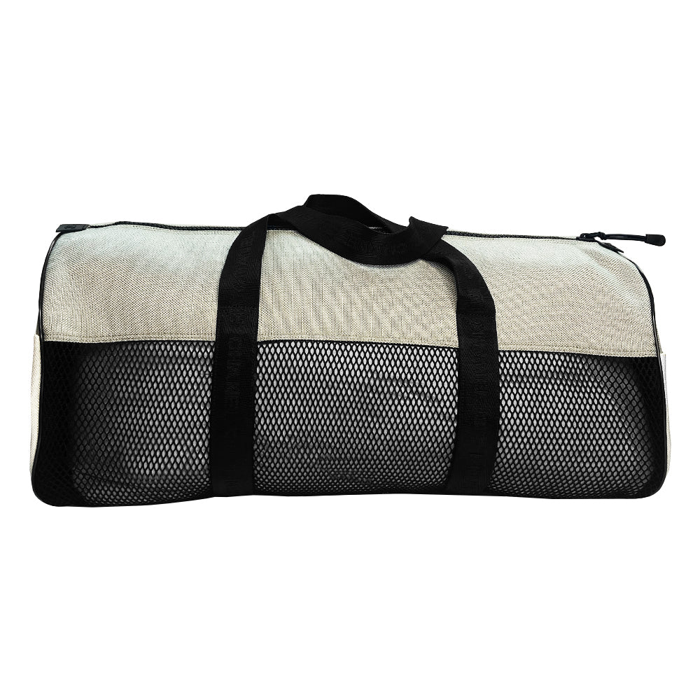 Chanel sport canvas and mesh large grey/black/cream duffle bag by Karl Lagerfeld for Chanel, 2003/2004 zipper closure and boxed rubber CC front logo, 2 exterior end pockets and one exterior front pocket. Double Chanel embossed satin webbing logo carry straps. Serial number sticker attached. Made in Italy