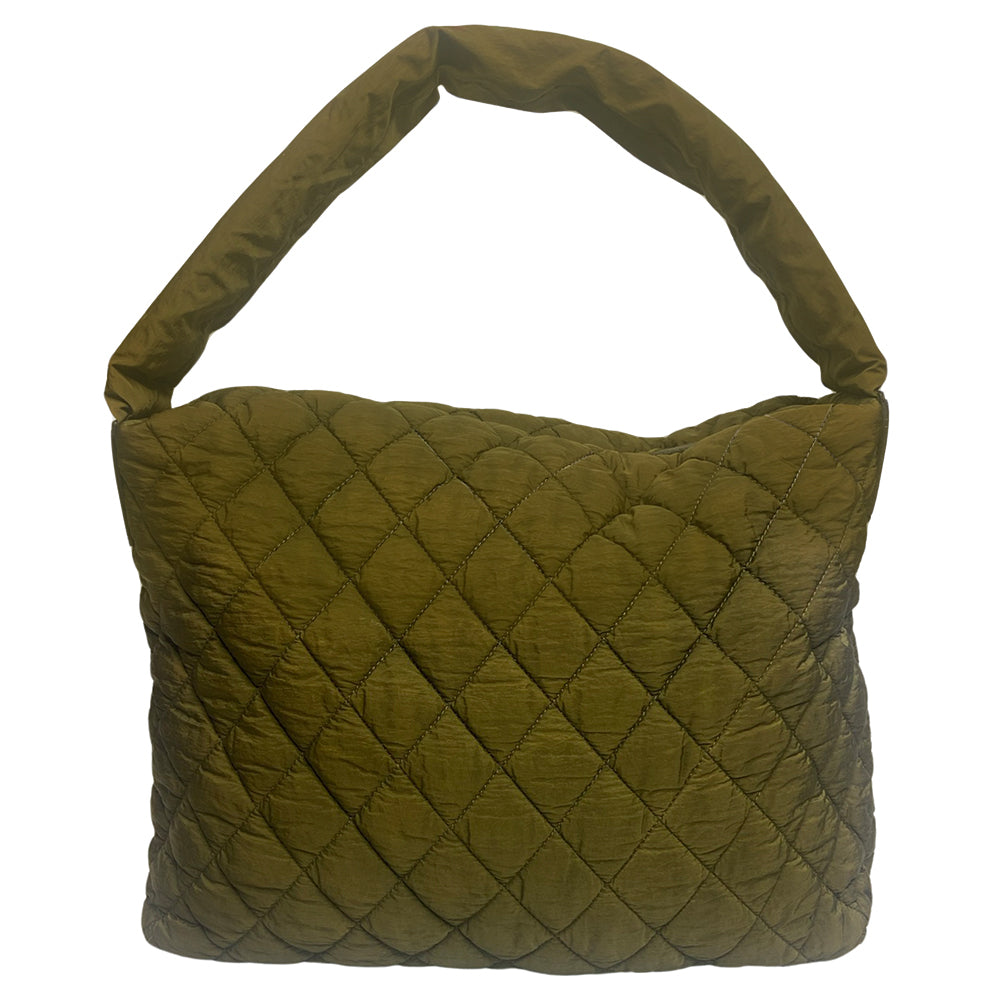 Chanel lightweight quilted green nylon shoulder bag by Karl Lagerfeld for Chanel, 2009/2010 with brown CC embossed brown leather accents at strap ends & around exterior silver-tone logo engraved outer pocket zipper. Interlocking CC stitched bottom logo. Zip top closure with red nylon interior, one zip pocket. Made in Italy
