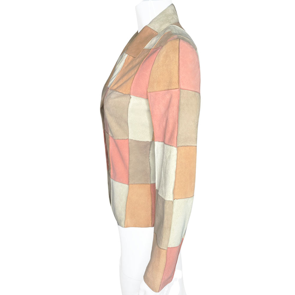 Karl Lagerfeld for Chanel, 2000 Identification Transition Collection buttery soft pastel beige, pink, tan, cream suede goatskin leather patchwork collared jacket with four brushed silver-tone CC logo buttons. Made in France