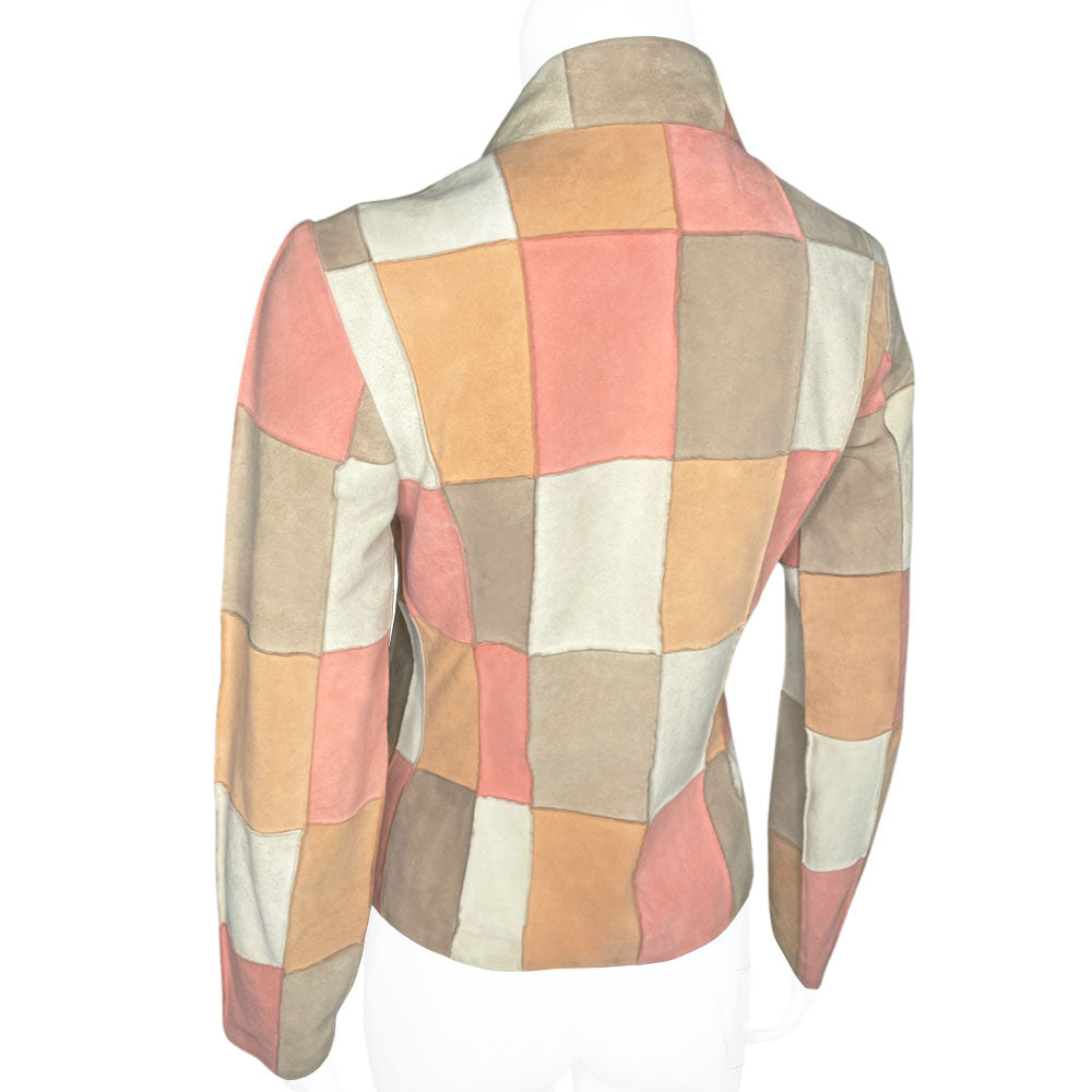 Karl Lagerfeld for Chanel, 2000 Identification Transition Collection buttery soft pastel beige, pink, tan, cream suede goatskin leather patchwork collared jacket with four brushed silver-tone CC logo buttons. Made in France