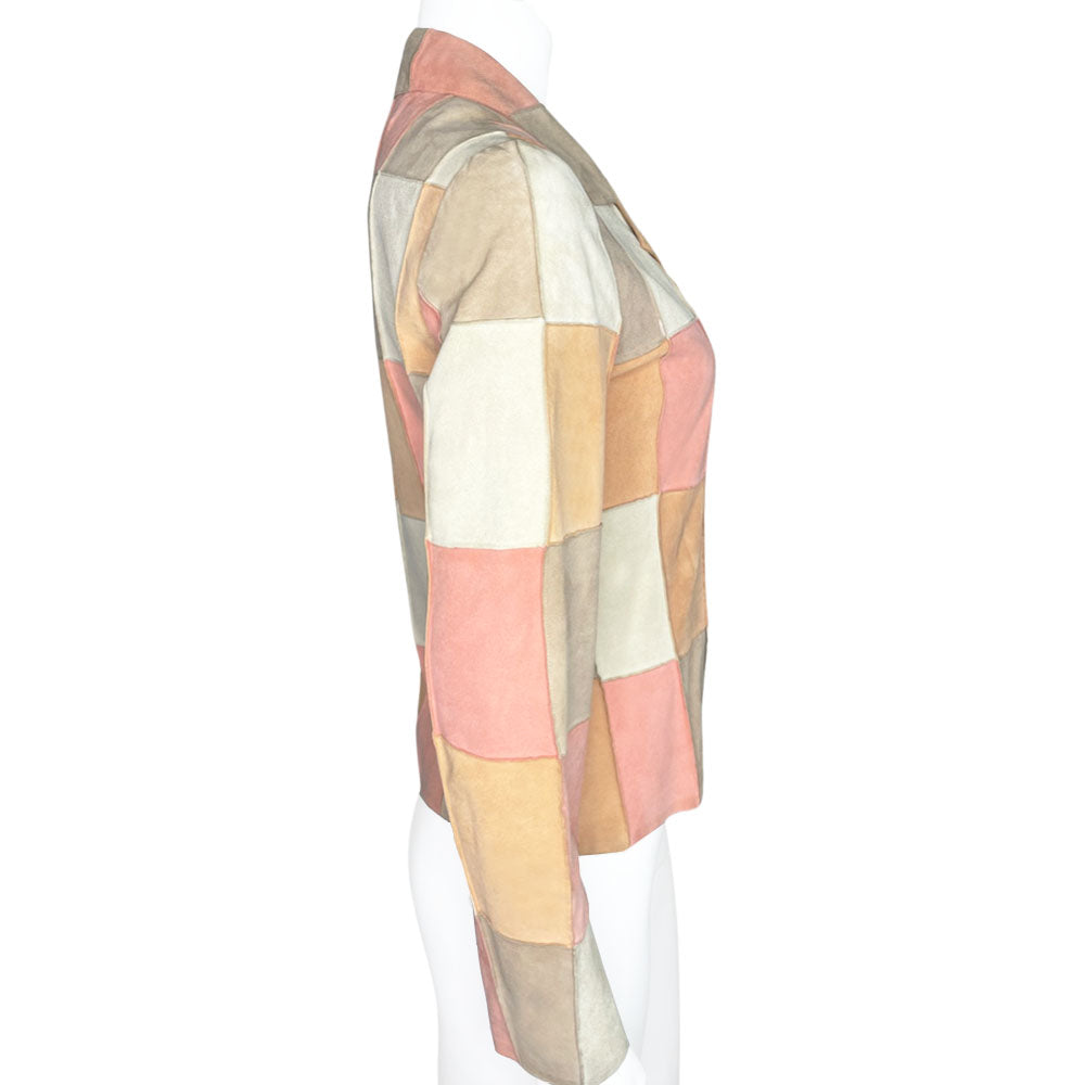 Karl Lagerfeld for Chanel, 2000 Identification Transition Collection buttery soft pastel beige, pink, tan, cream suede goatskin leather patchwork collared jacket with four brushed silver-tone CC logo buttons. Made in France