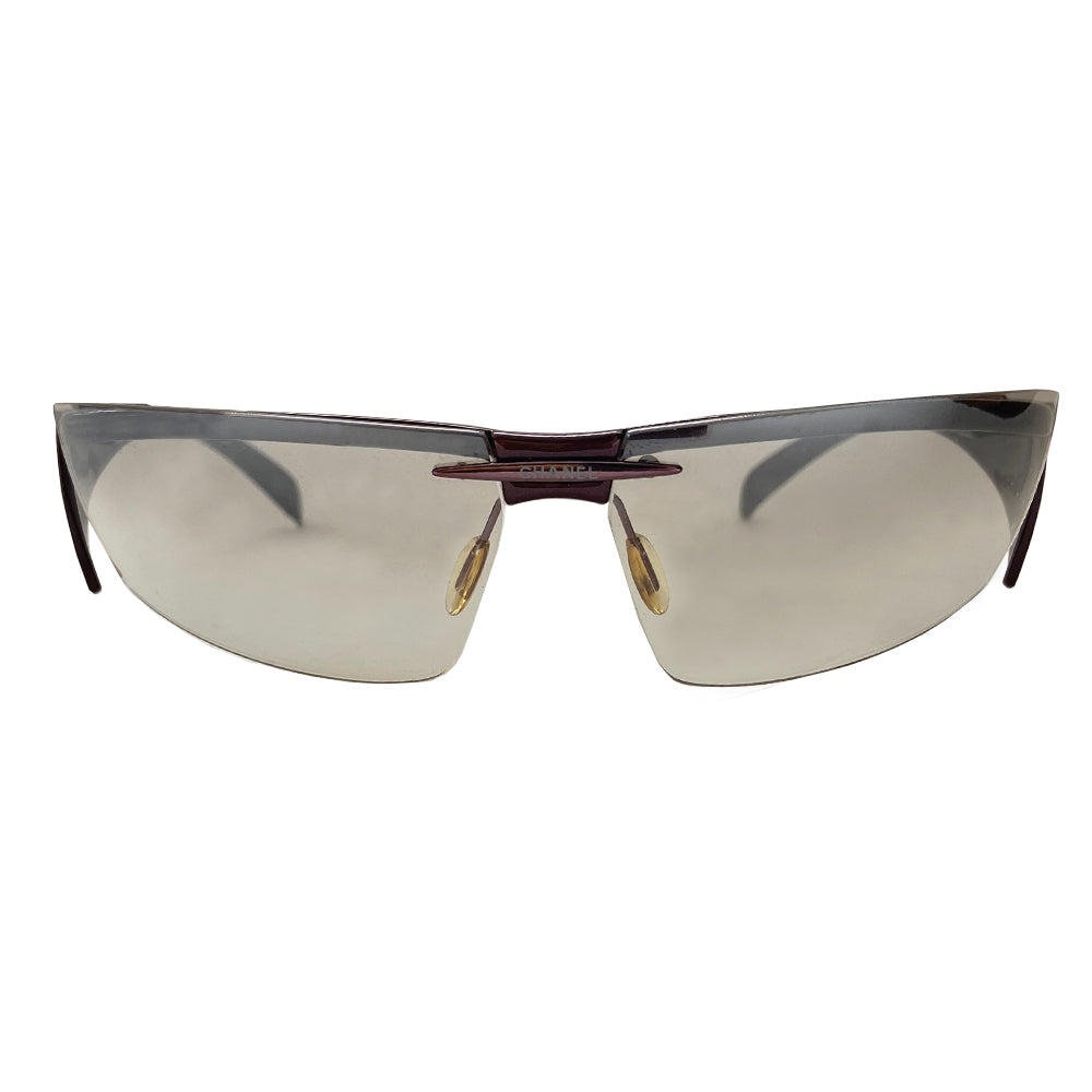 Chanel rare wrap around burgundy top frame sunglasses by Karl Lagerfeld for Chanel with 2 grey tinted lenses attached and burgundy arms with thick removable side panels. Model: 6001-Z. Made in Italy