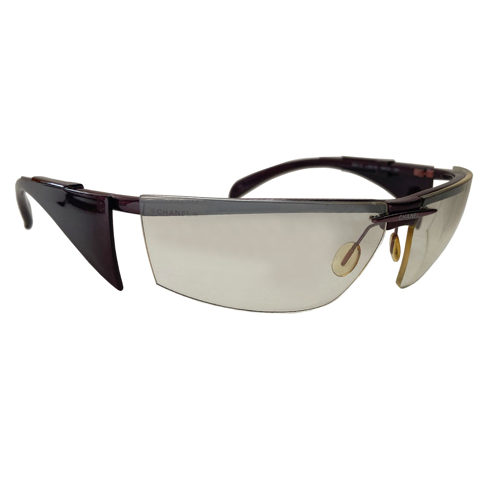 Chanel rare wrap around burgundy top frame sunglasses by Karl Lagerfeld for Chanel with 2 grey tinted lenses attached and burgundy arms with thick removable side panels. Model: 6001-Z. Made in Italy