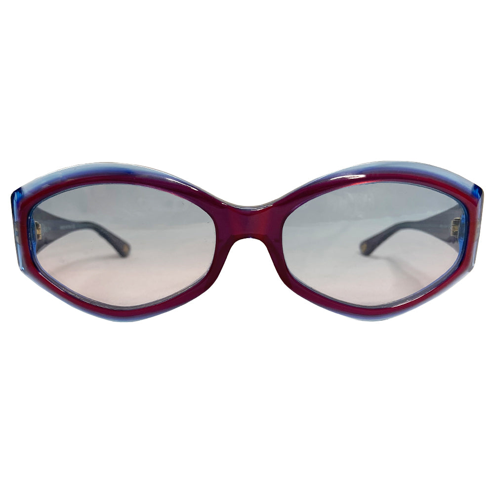 1990’s Chanel red & blue acetate frame sunglasses with red gradient lenses by Karl Lagerfeld for Chanel embellished with gold tone side CC logos. Style: 5021 c 607 Made in Italy