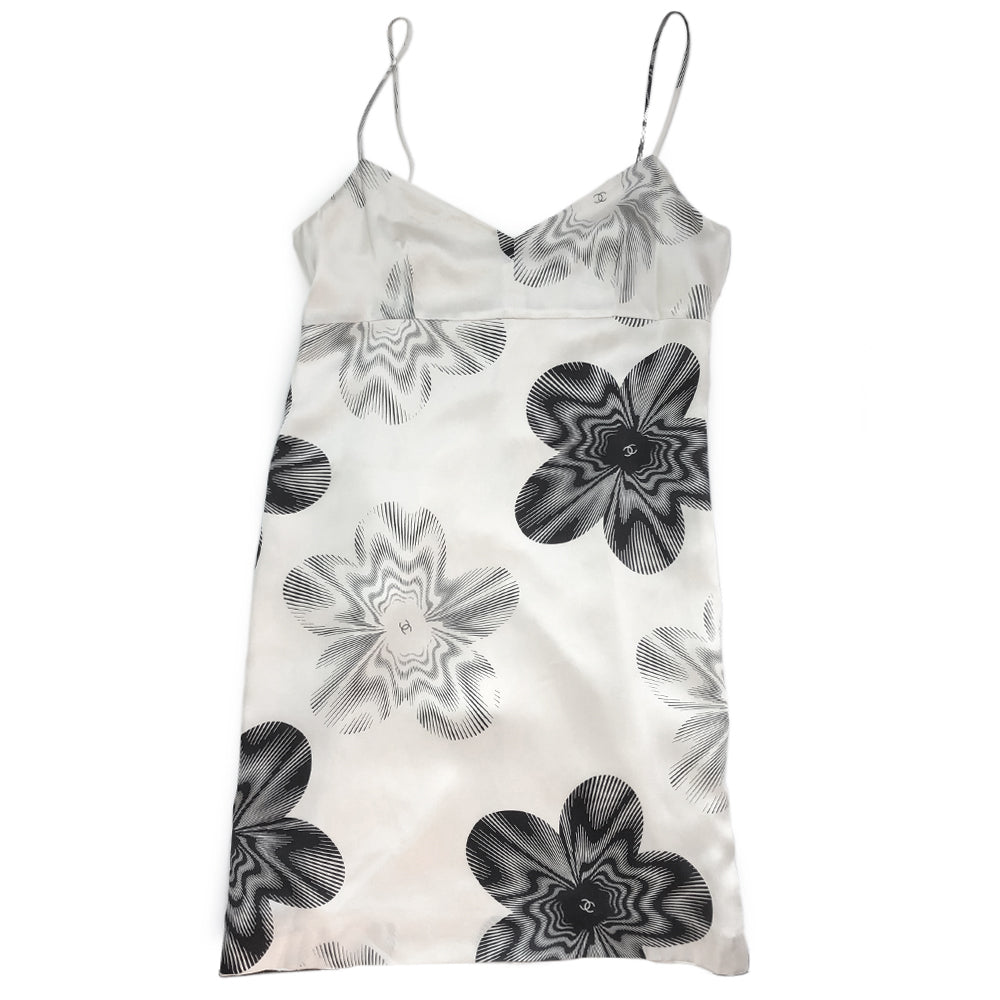 Chanel cream with printed black camellia flowers and interlocking CC design silk slip dress.