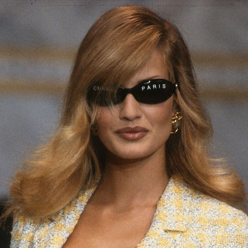 Chanel Paris logo oval acetate frame runway sunglasses by Karl Lagerfeld for Chanel, spring 1993 with gold CC logos on sides and "CHANEL PARIS" printed on lenses. Made in italy