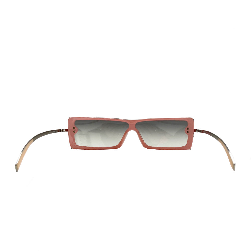 Chanel Pink Shield Frame with Crystal Sunglasses with curved rectangular shield frame and silver-tone metal arms. Swarovski crystals surround the lens with silver-tone interlocking CC logo on each side and CHANEL engraved arms. Color: Pink frame, Grey gradient lens. Made in Italy