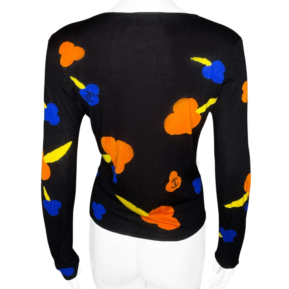 Karl Lagerfeld for Chanel, 2001 intarsia knit V-neck black sweater featuring orange, blue with yellow CC logo Camellia flower blossoms. No. M8078. Made in France