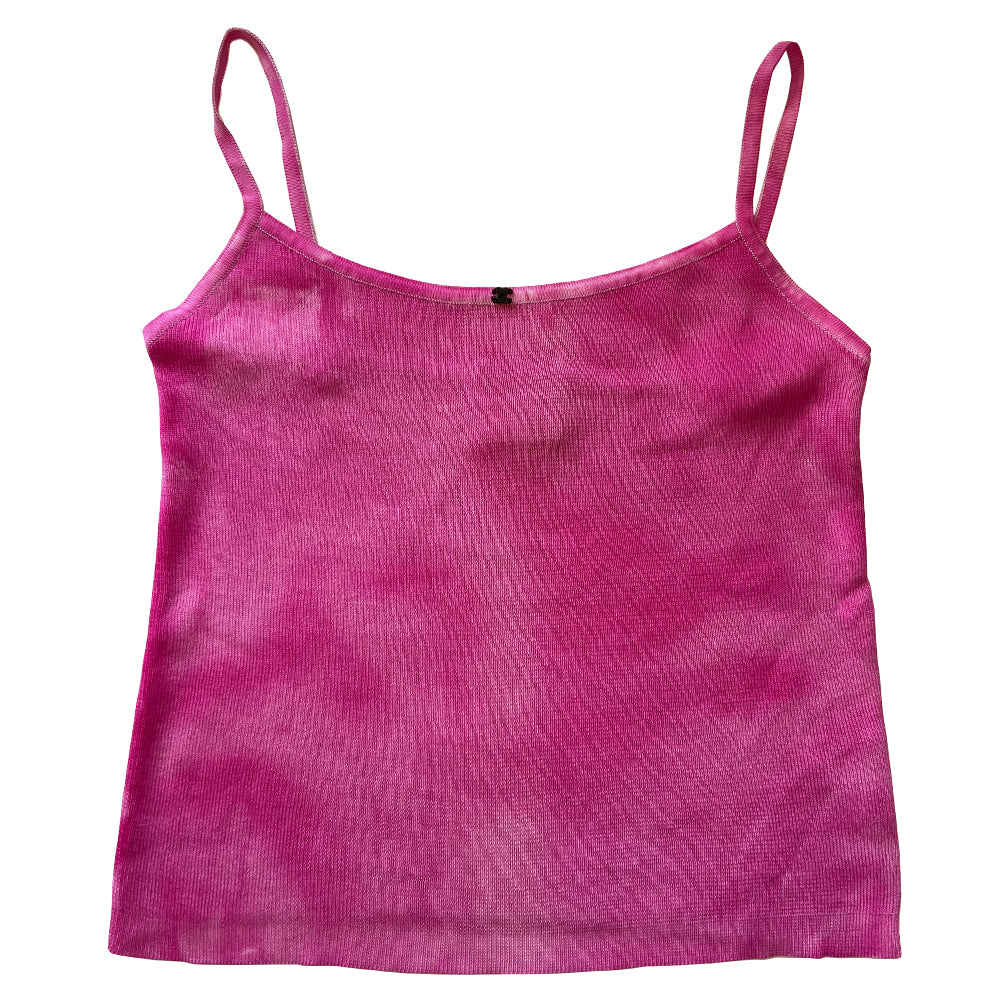 Chanel crystal CC logo tank from 2000s by Karl Lagerfeld for Chanel. Fine rib knit tie dye camisole embellished with black interlocking CC logo swarovski crystal at front center. Made in France