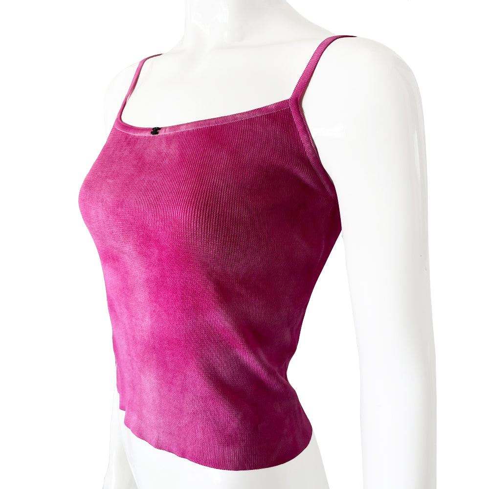 Chanel crystal CC logo tank from 2000s by Karl Lagerfeld for Chanel. Fine rib knit tie dye camisole embellished with black interlocking CC logo swarovski crystal at front center. Made in France