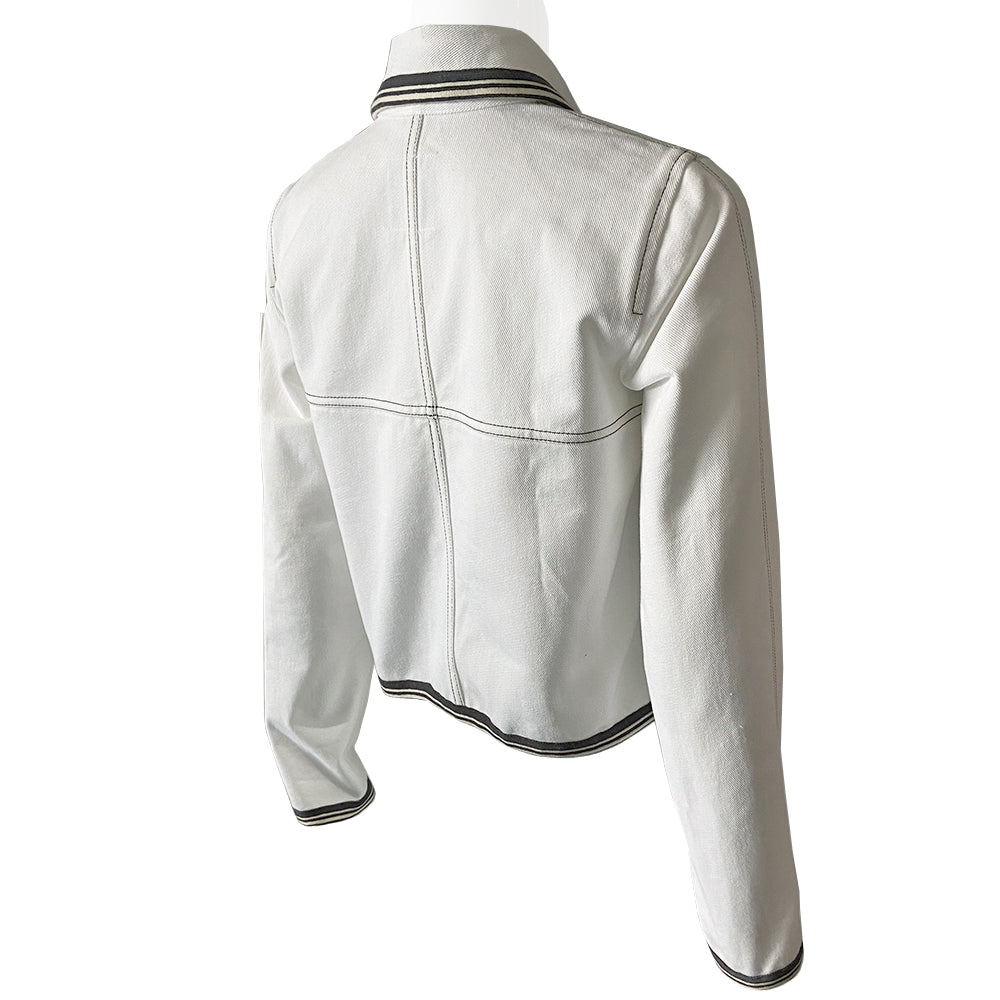 Chanel CC logo white canvas zip jacket by Karl Lagerfeld for Chanel, Cruise 2005 with accent stitching, brown and white striped knit accents, vented detail at sleeve hems. White CC logo zipper pull and white rubber box CC logo appliqué on arm. 100% Cotton