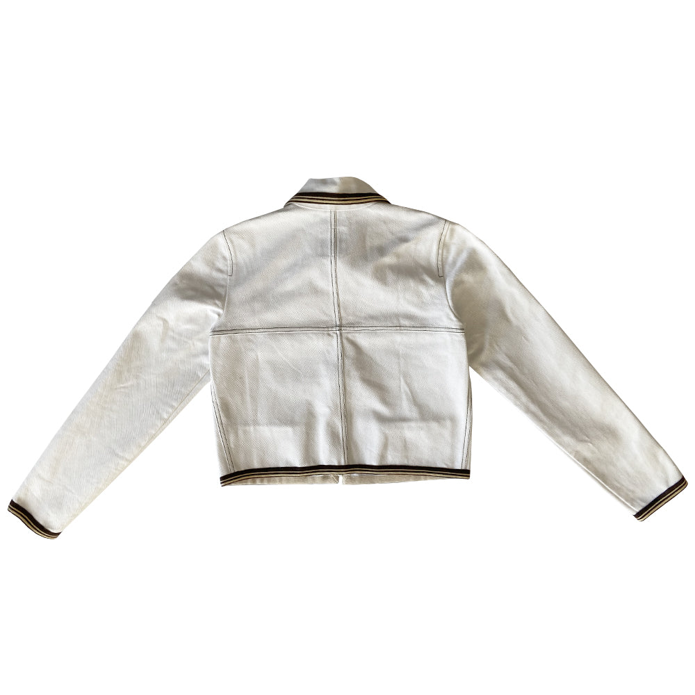 Chanel CC logo white canvas zip jacket by Karl Lagerfeld for Chanel, Cruise 2005 with accent stitching, brown and white striped knit accents, vented detail at sleeve hems. White CC logo zipper pull and white rubber box CC logo appliqué on arm. 100% Cotton