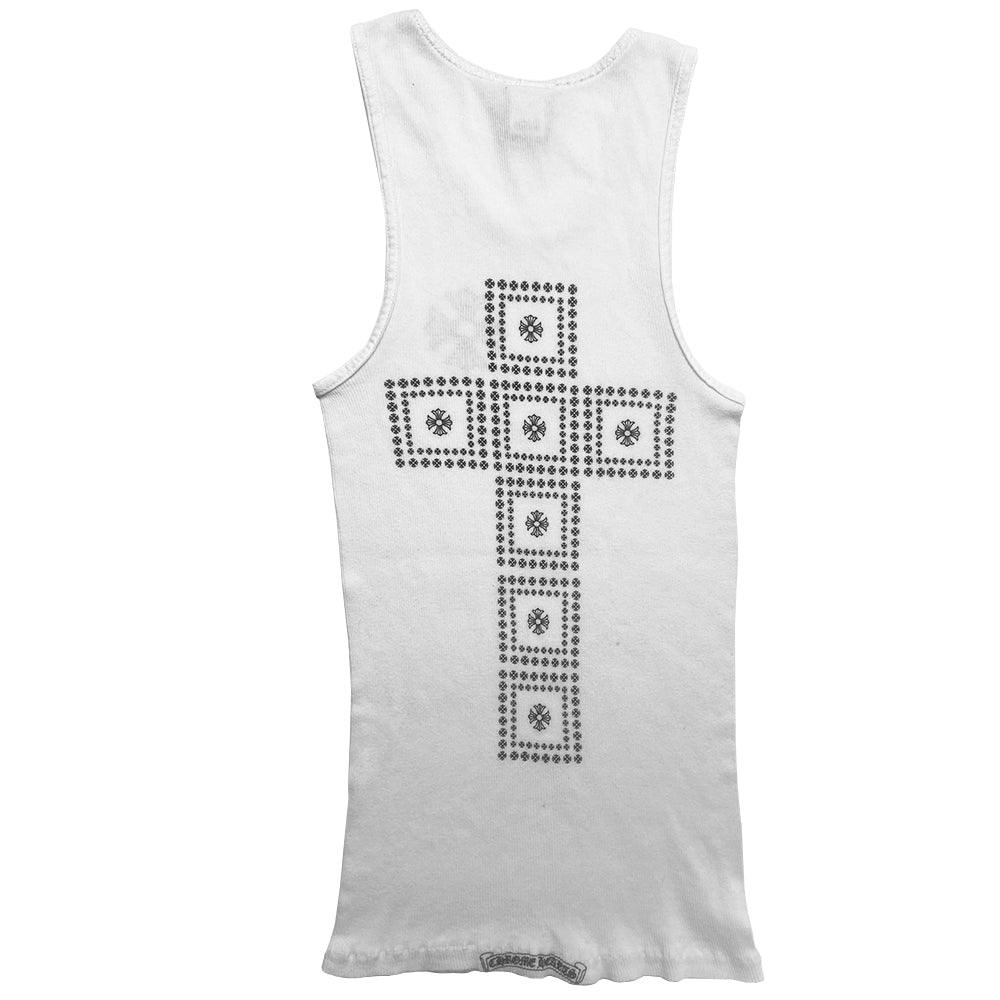 Chrome Hearts white cross blocks rib knit tank with Chrome Hearts cross at chest, large cross design made up of double row blocks of tiny crosses with a single middle cross in back, Chrome Hearts logo scroll at bottom hem. Made in USA