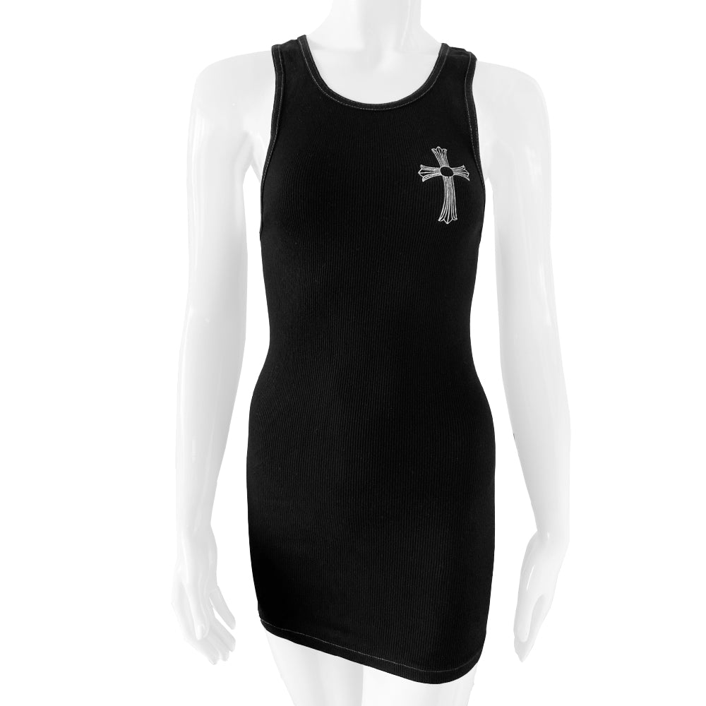 Chrome Hearts black New York cross tank with front cross at chest and Chrome Hearts logo horseshoe banner, New York in back. Size: L Fabric: 100% cotton Made in USA