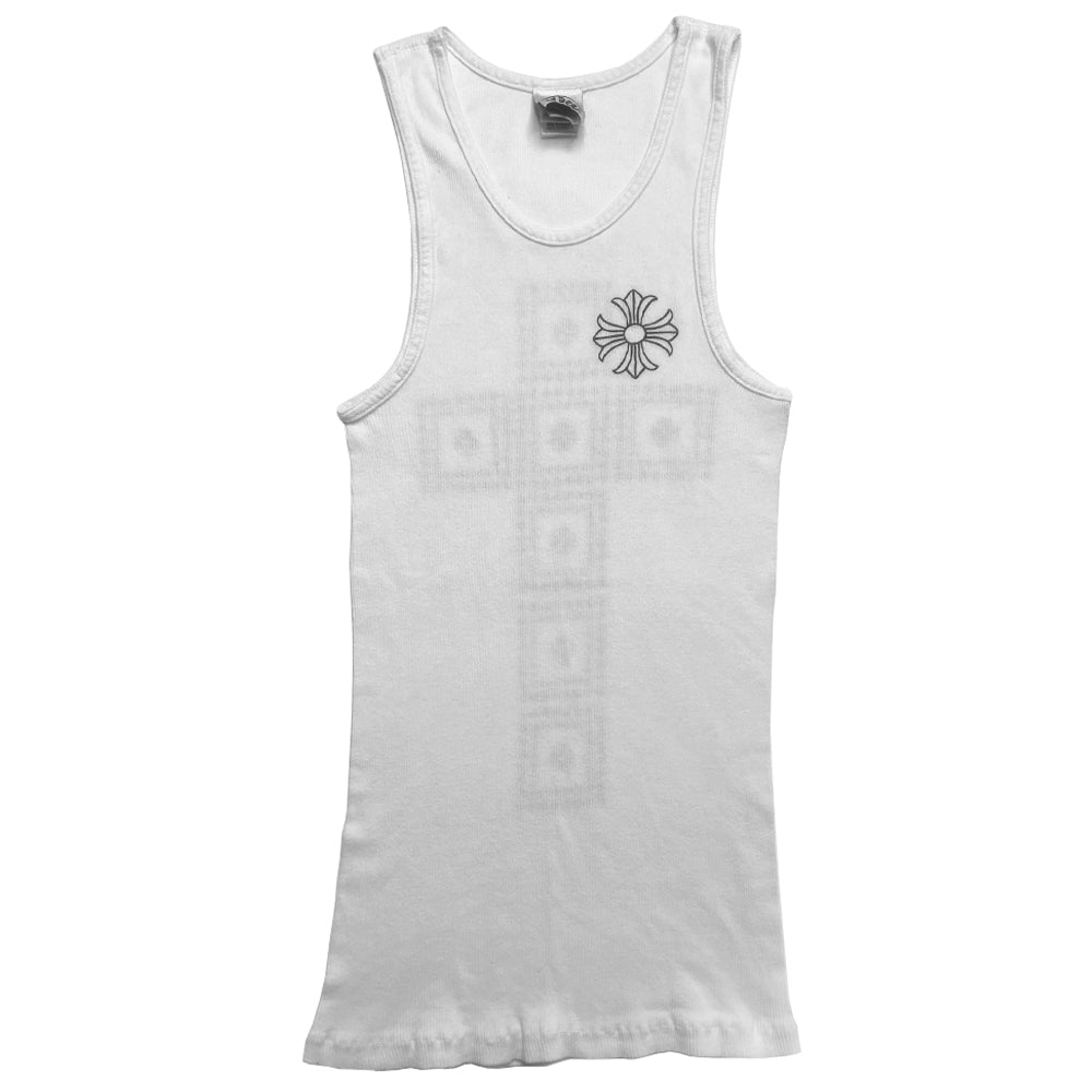 Chrome Hearts white cross blocks rib knit tank with Chrome Hearts cross at chest, large cross design made up of double row blocks of tiny crosses with a single middle cross in back, Chrome Hearts logo scroll at bottom hem. Made in USA