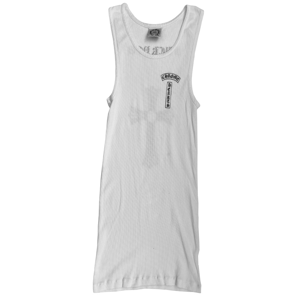 Chrome Hearts white with black print fuck you cross tank from early 2000’s with Chrome Hearts logo at chest, Fuck You and large cross design at back, Chrome Hearts scroll at bottom hem Size: S Made in USA