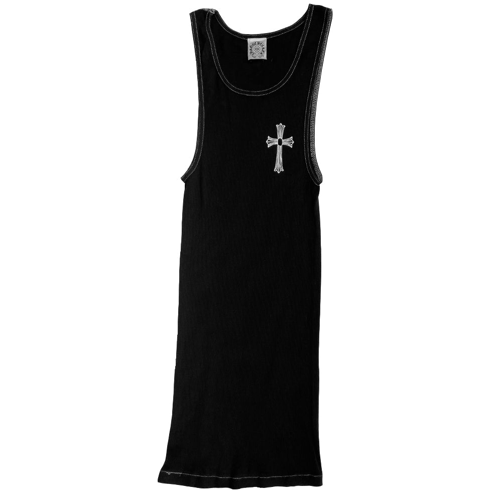Chrome Hearts black New York cross tank with front cross at chest and Chrome Hearts logo horseshoe banner, New York in back. Size: L Fabric: 100% cotton Made in USA