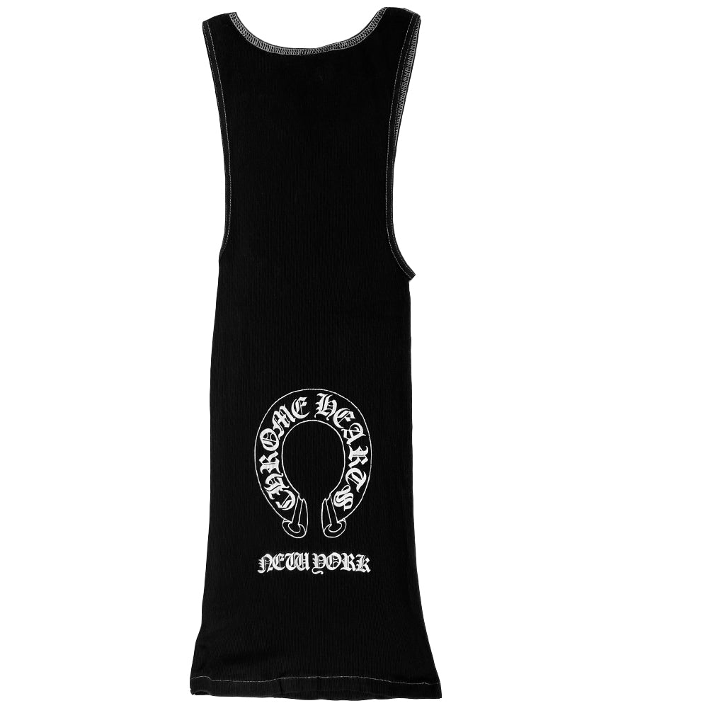 Chrome Hearts black New York cross tank with front cross at chest and Chrome Hearts logo horseshoe banner, New York in back. Size: L Fabric: 100% cotton Made in USA