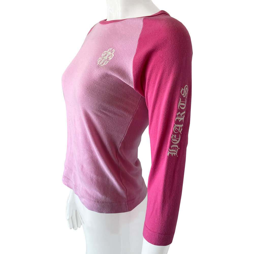 Chrome Hearts two tone pink baseball tee, circa early 2000’s with crew neck and 3/4 sleeves. White glitter dagger at chest, Chrome on one sleeve, Hearts on opposite sleeve, Chrome Hearts logo banner at back lower hemline. Made in USA