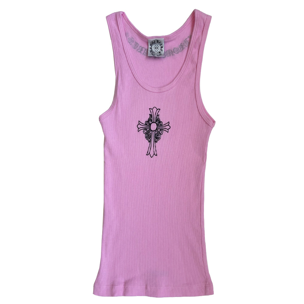 Chrome Hearts pink cross tank with cross at front center chest, Chrome Hearts printed at back neck, logo scroll at bottom back hemline. Size: M. Made in USA
