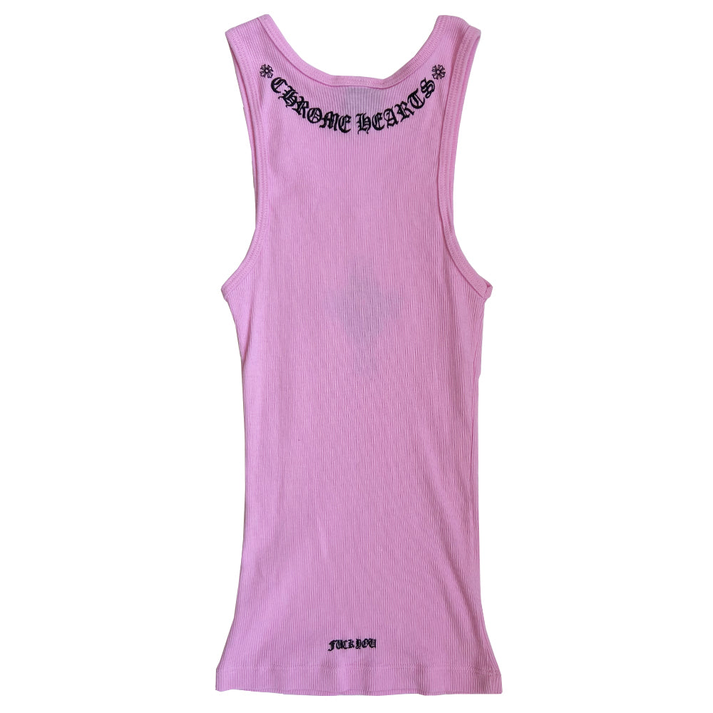 Chrome Hearts pink cross tank with cross at front center chest, Chrome Hearts printed at back neck, logo scroll at bottom back hemline. Size: M. Made in USA