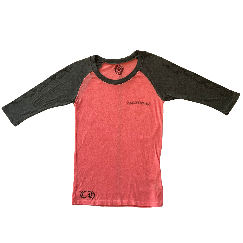 Chrome Hearts Flames baseball tee circa early 2000’s in two tone black and red, 3/4 sleeve with Chrome Hearts logo banner at front chest and CH at bottom hemline. Vertical row of small crosses from nape to bottom hem in back and grey flames on sleeves Size: O/S. Made in USA