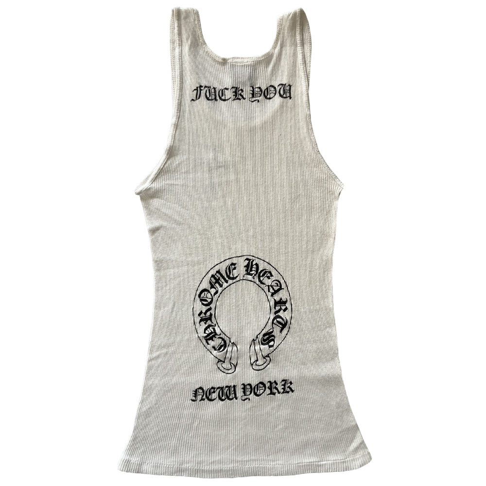 Chrome Hearts New York white rib knit cross tank with front cross at chest, Chrome Hearts logo horseshoe banner, Fuck You New York in back. Size: S Made in USA