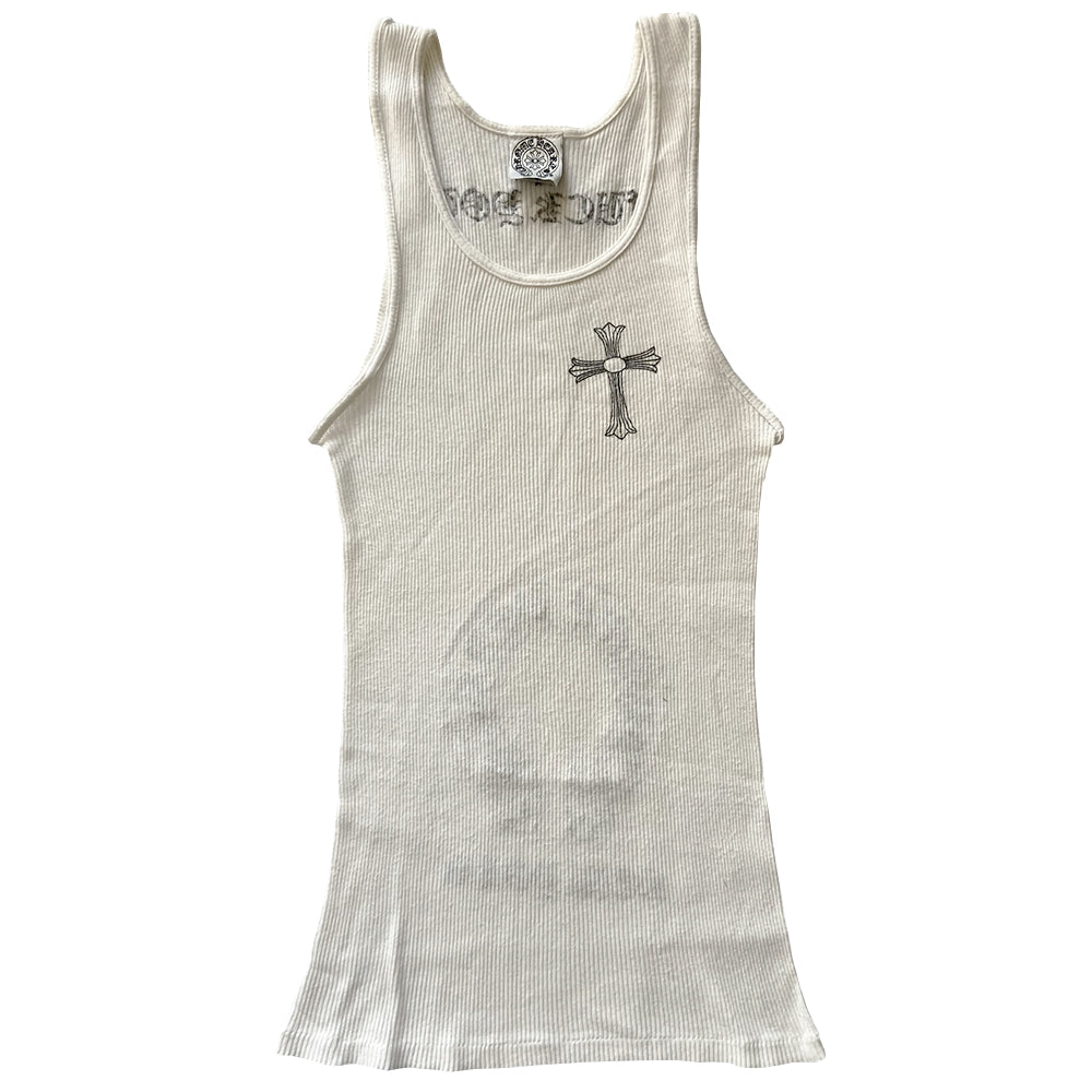 Chrome Hearts New York white rib knit cross tank with front cross at chest, Chrome Hearts logo horseshoe banner, Fuck You New York in back. Size: S Made in USA